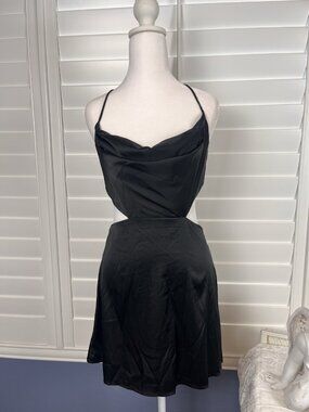 SHEIN BAE Black Satin Cutout Mini Dress Medium Cowl Neck Open Back